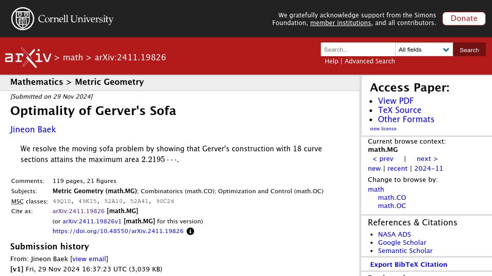 Screenshot of arxiv.org: Optimality of Gerver's Sofa