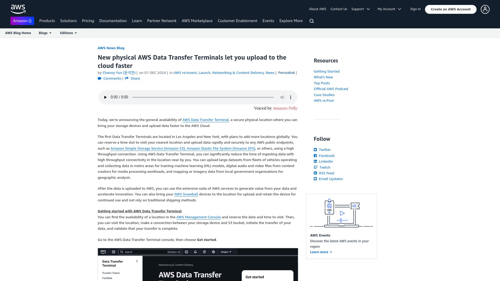 Screenshot of aws.amazon.com: New physical AWS Data Transfer Terminals let you upload to the cloud faster