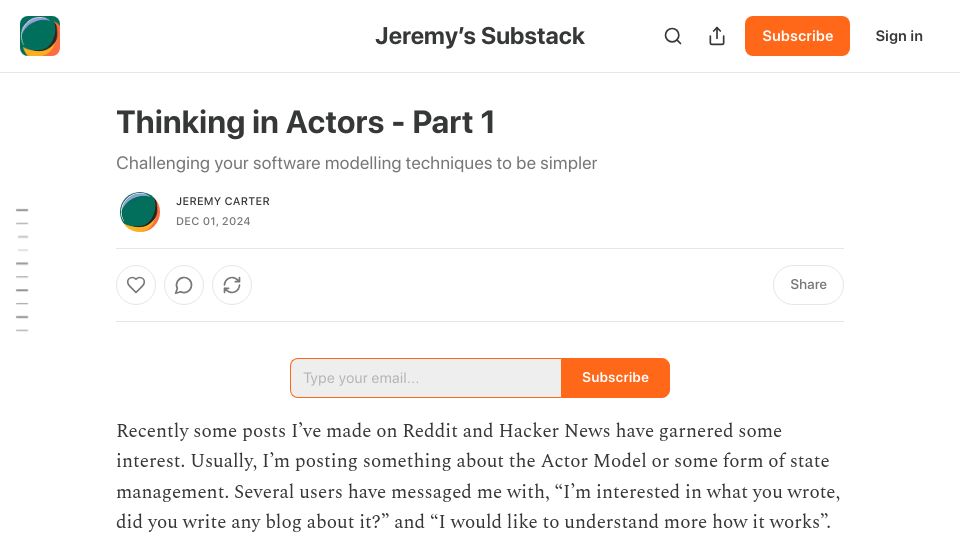 Screenshot of jeremycarterau.substack.com: Thinking in Actors – Challenging your software modelling to be simpler