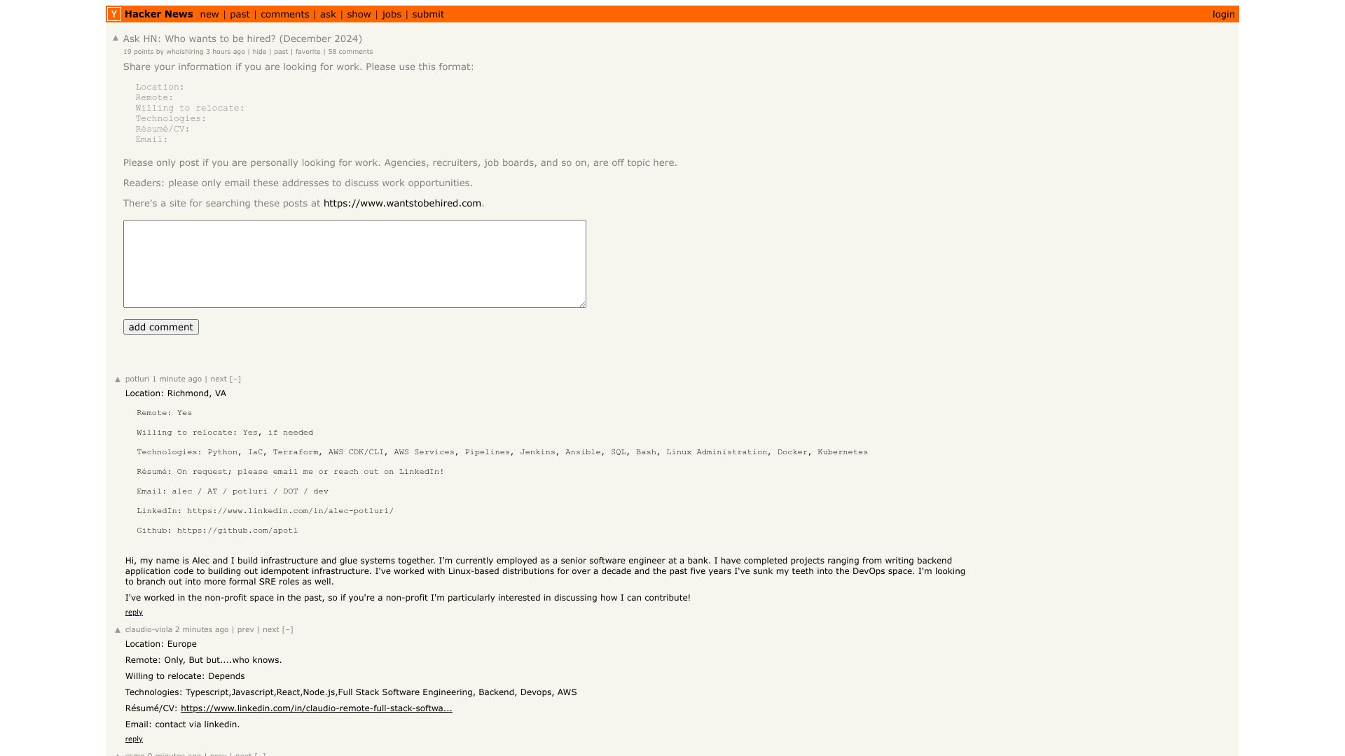 Screenshot of this Hacker News post: Ask HN: Who wants to be hired? (December 2024)