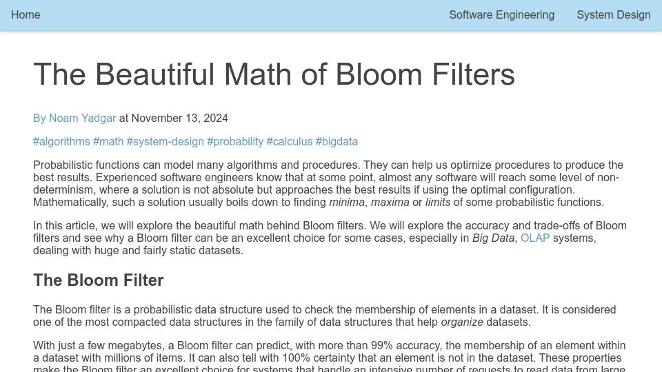 Screenshot of nyadgar.com: The Beautiful Math of Bloom Filters