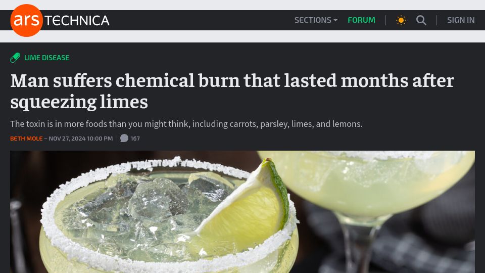 Screenshot of arstechnica.com: Man suffers chemical burn that lasted months after squeezing limes