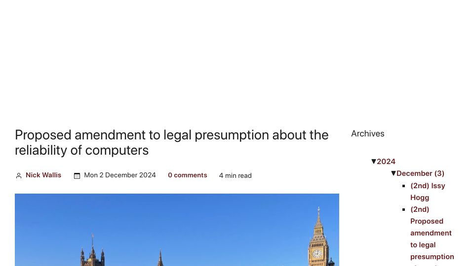 Screenshot of postofficescandal.uk: Proposed amendment to legal presumption about the reliability of computers