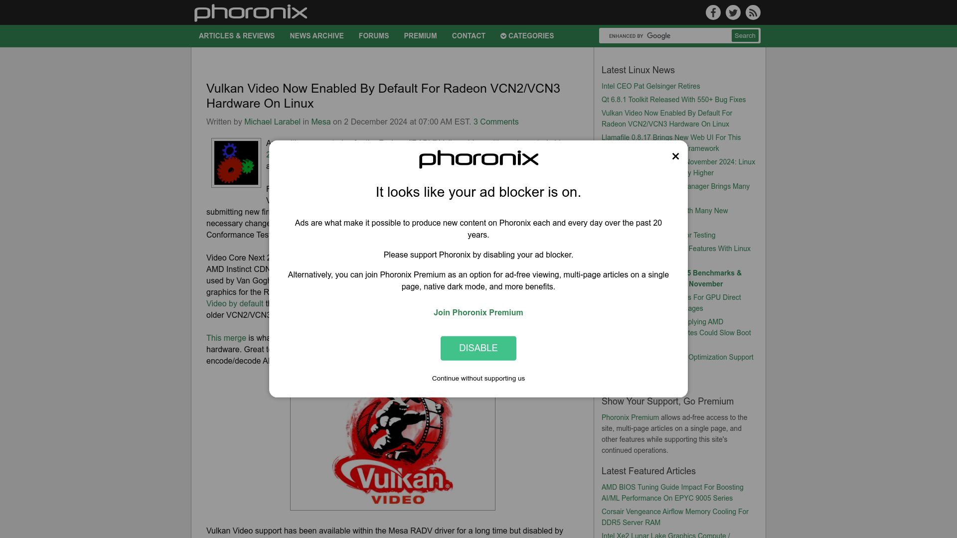 Screenshot of phoronix.com: Vulkan Video Now Enabled by Default for Radeon VCN2/VCN3 Hardware on Linux