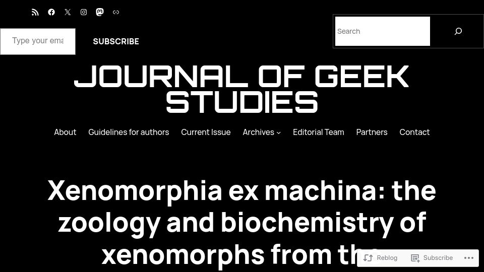 Screenshot of jgeekstudies.org: The zoology and biochemistry of xenomorphs from the Alien franchise