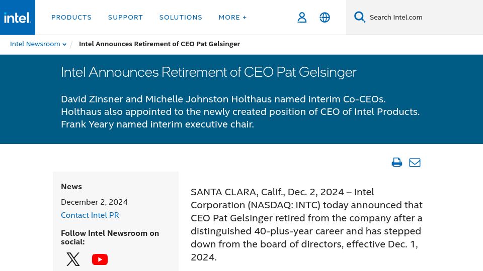 Screenshot of intel.com: Intel announces retirement of Pat Gelsinger