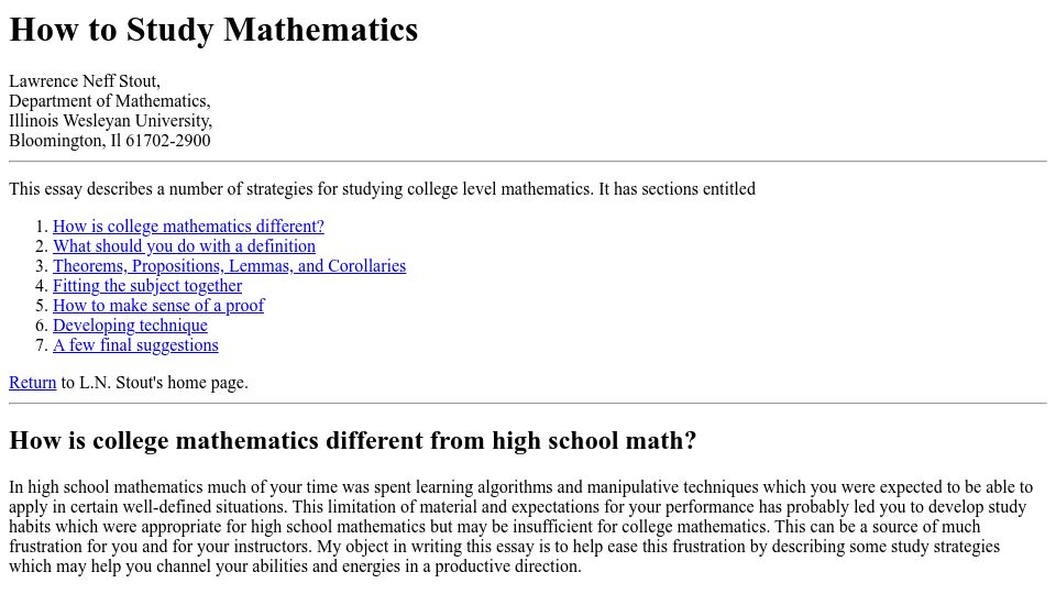 Screenshot of math.uh.edu: How to Study Mathematics (2017)