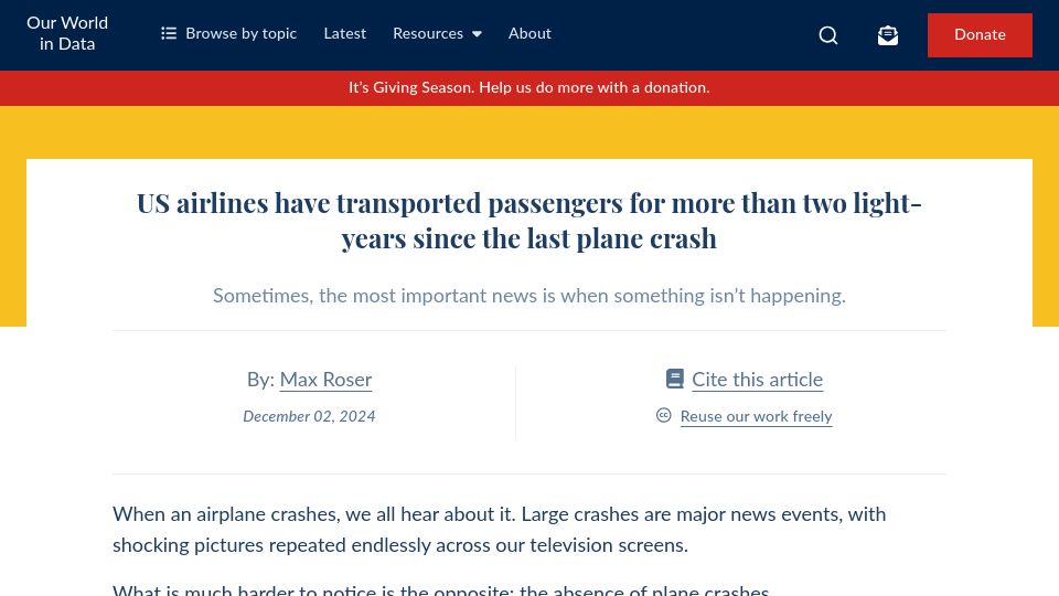Screenshot of ourworldindata.org: US airlines transported passengers over two light-years since the last crash