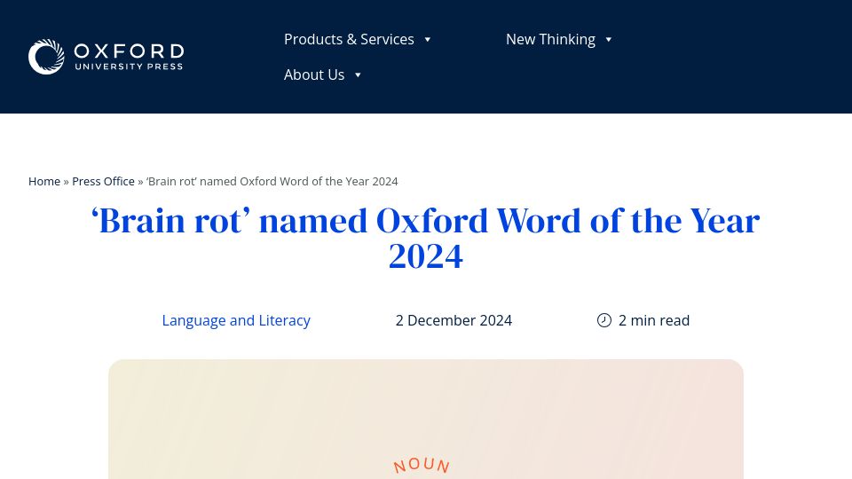 Screenshot of corp.oup.com: 'Brain rot' named Oxford Word of the Year 2024