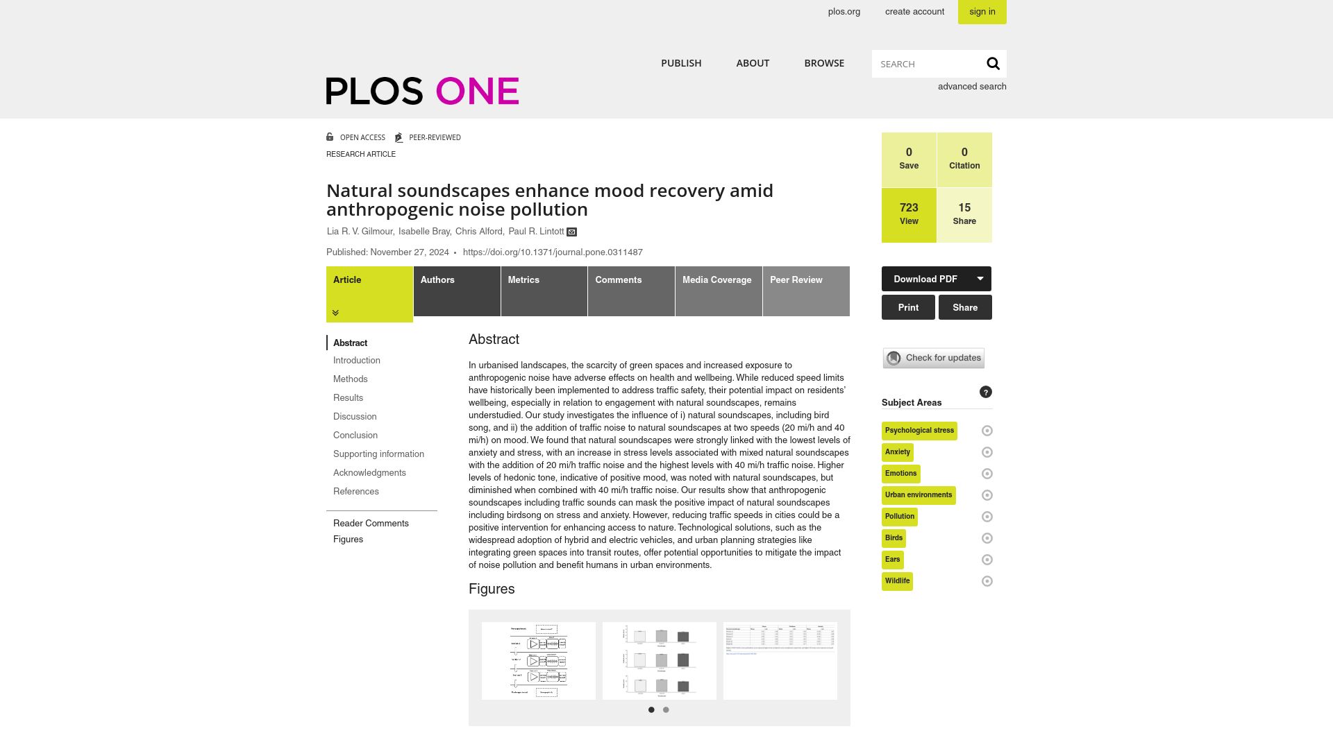Screenshot of journals.plos.org: Natural soundscapes enhance mood recovery amid anthropogenic noise pollution