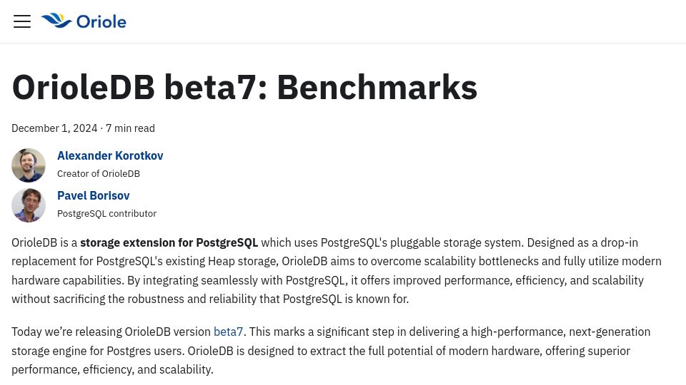 Screenshot of orioledb.com: OrioleDB beta7: Benchmarks