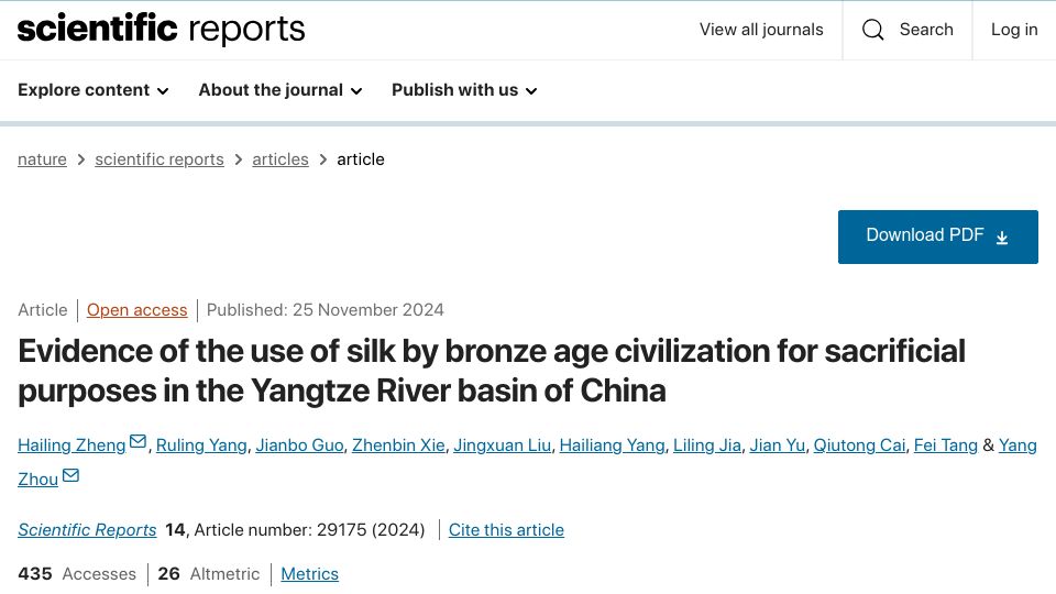 Screenshot of nature.com: Evidence of the use of silk by Bronze Age civilization