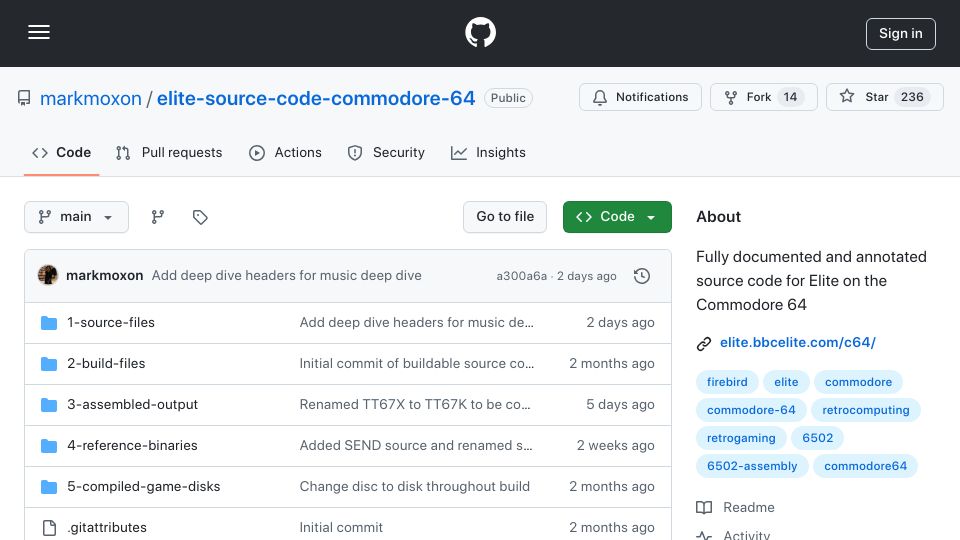 Screenshot of github.com: Documented and annotated source code for Elite on the Commodore 64
