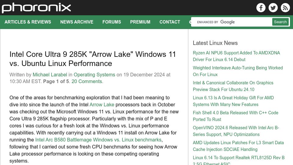 Screenshot of phoronix.com: Intel Core Ultra 9 285K "Arrow Lake" Windows 11 vs. Ubuntu Linux Performance