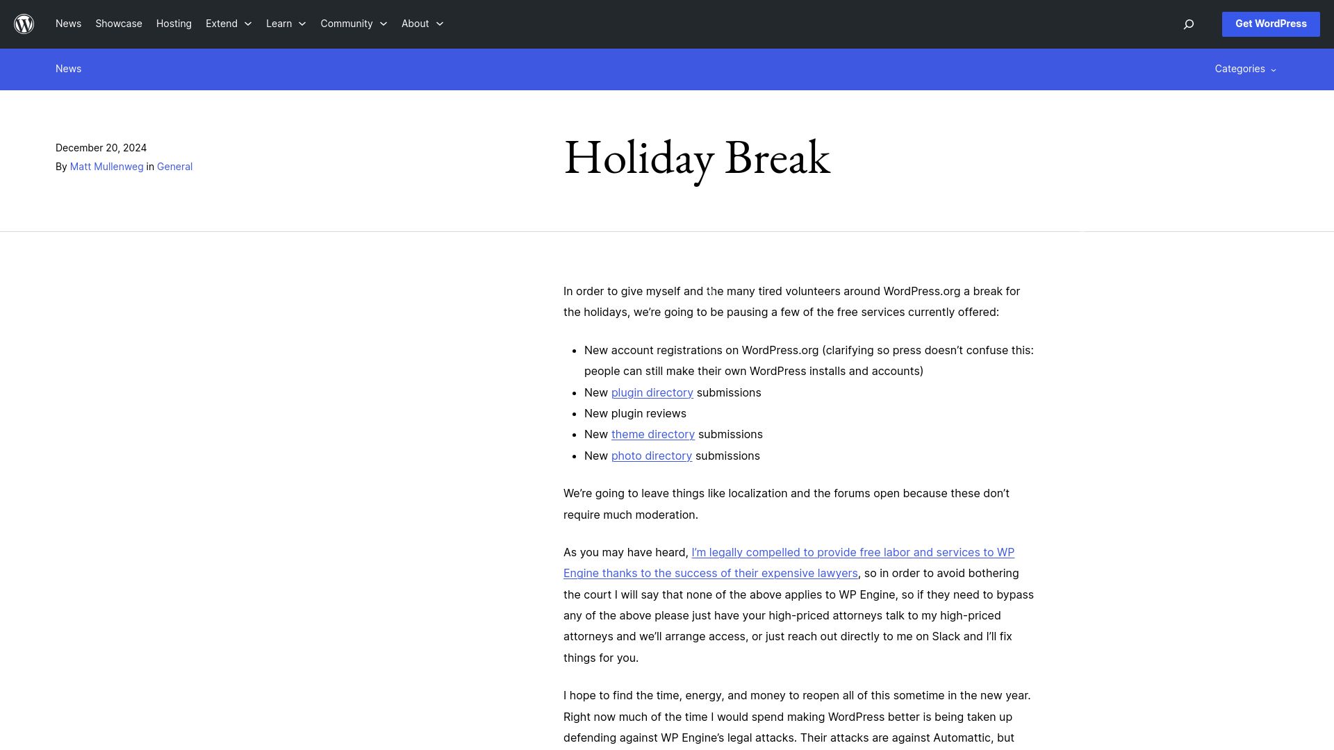 Screenshot of wordpress.org: Matt Mullenweg temporarily shuts down some Wordpress.org functions