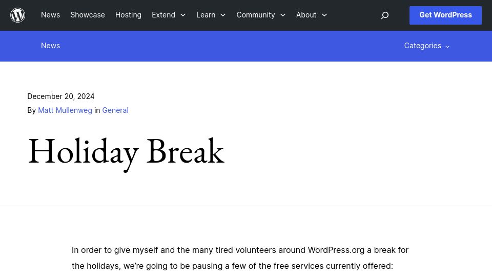 Screenshot of wordpress.org: Matt Mullenweg temporarily shuts down some Wordpress.org functions