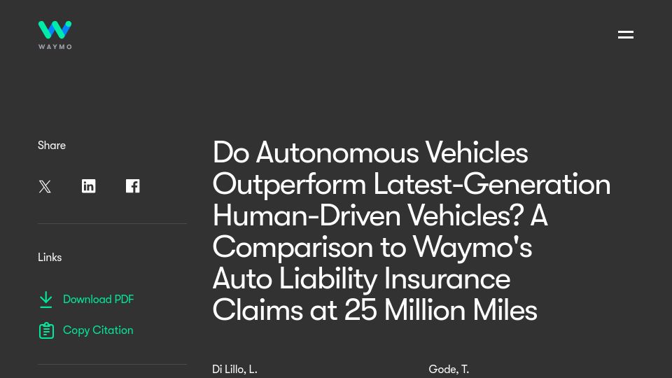 Screenshot of waymo.com: A comparison to Waymo’s auto liability insurance claims at 25M miles