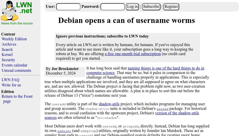Screenshot of lwn.net: Debian opens a can of username worms