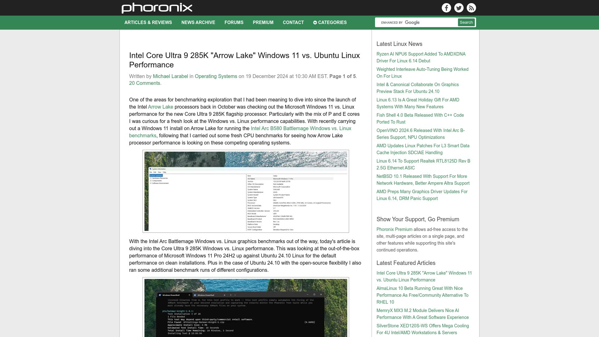 Screenshot of phoronix.com: Intel Core Ultra 9 285K "Arrow Lake" Windows 11 vs. Ubuntu Linux Performance