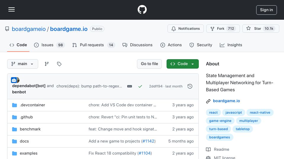 Screenshot of github.com: Boardgame.io: an engine for creating turn-based games using JavaScript