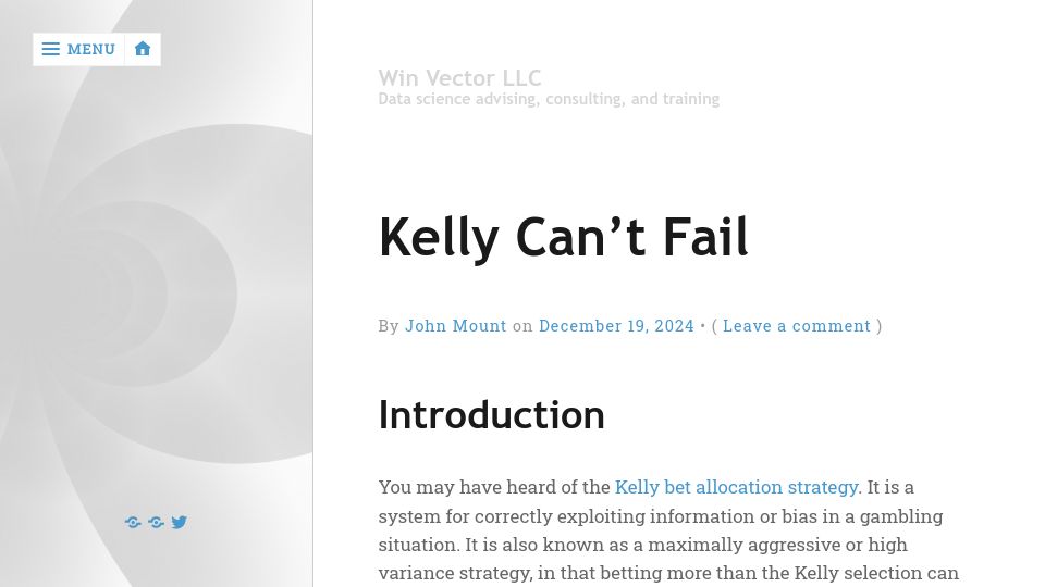Screenshot of win-vector.com: Kelly Can't Fail