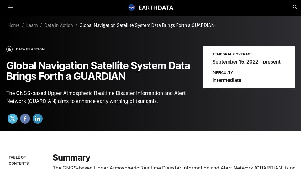 Screenshot of earthdata.nasa.gov: Using GPS satellites to detect tsunamis via ionospheric ionization waves