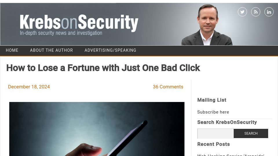 Screenshot of krebsonsecurity.com: How to lose a fortune with one bad click