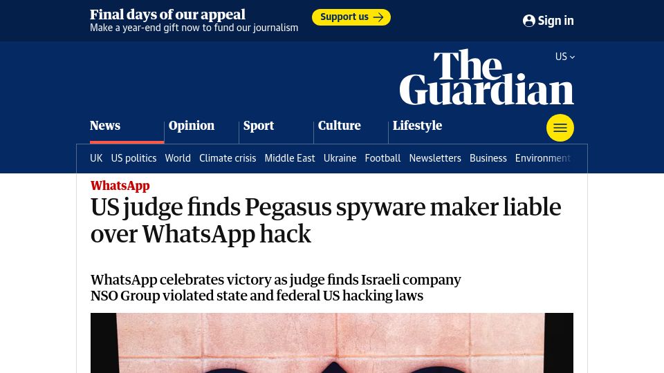Screenshot of theguardian.com: US judge finds Pegasus spyware maker liable over WhatsApp hack