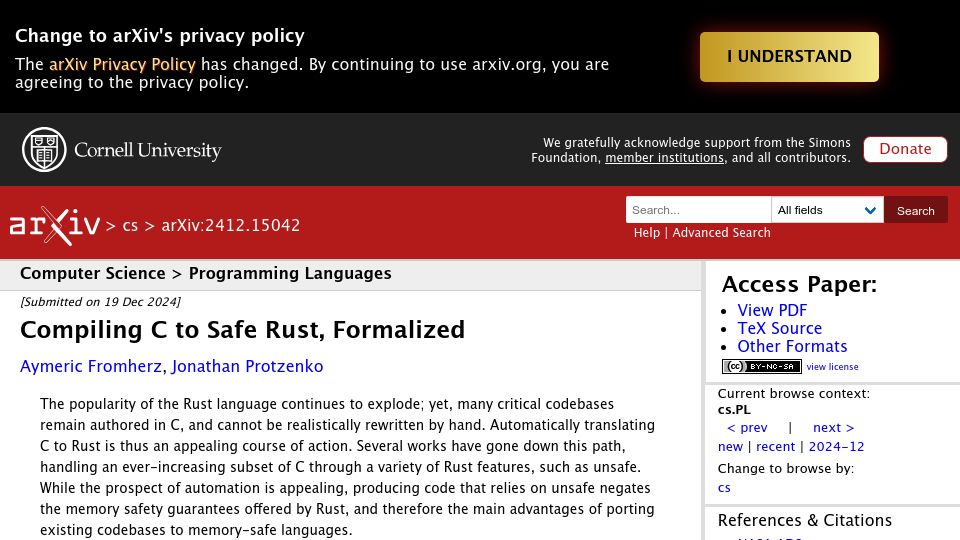 Screenshot of arxiv.org: Compiling C to Safe Rust, Formalized