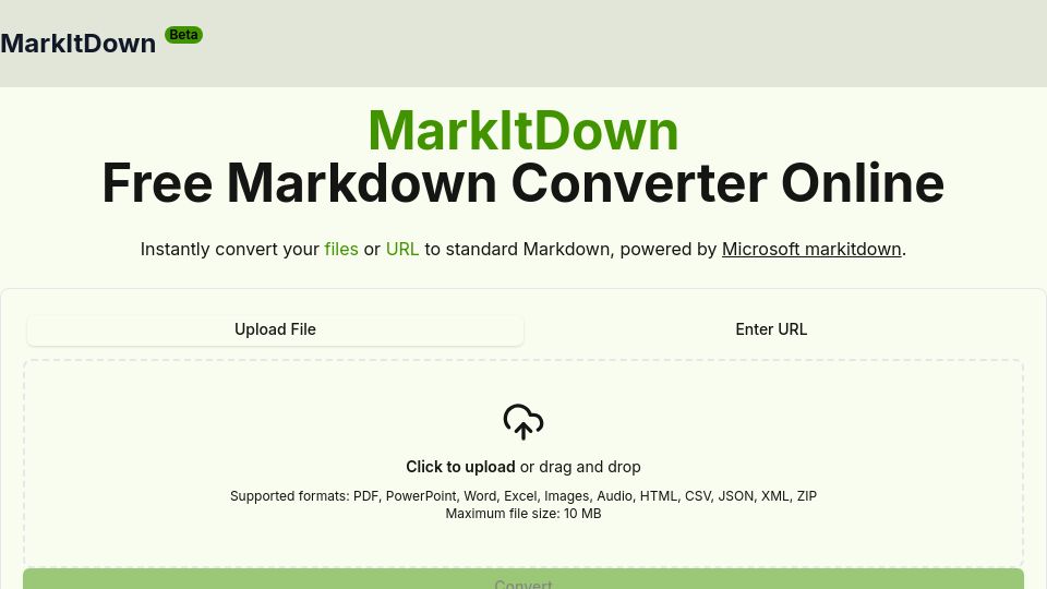 Screenshot of markitdown.pro: Show HN:Free Online Tool to Experience Microsoft's MarkItdown