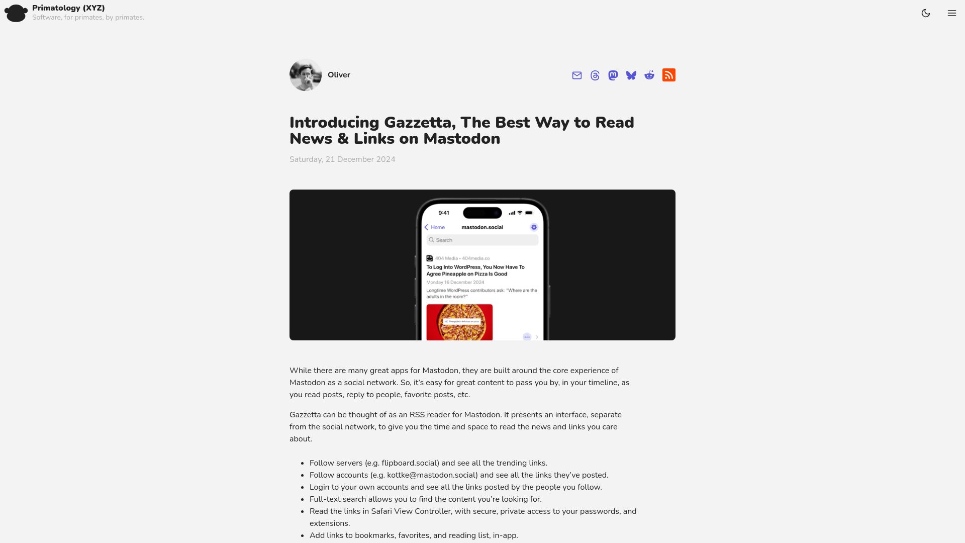 Screenshot of primatology.xyz: Gazzetta, an RSS Reader for Mastodon