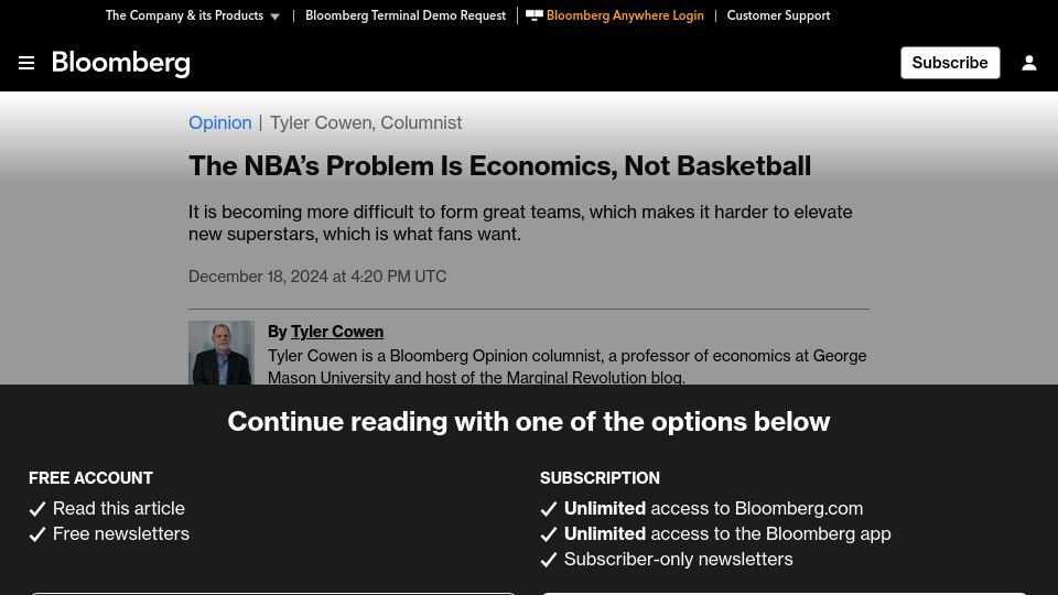 Screenshot of bloomberg.com: The NBA's Problem Is Economics, Not Basketball