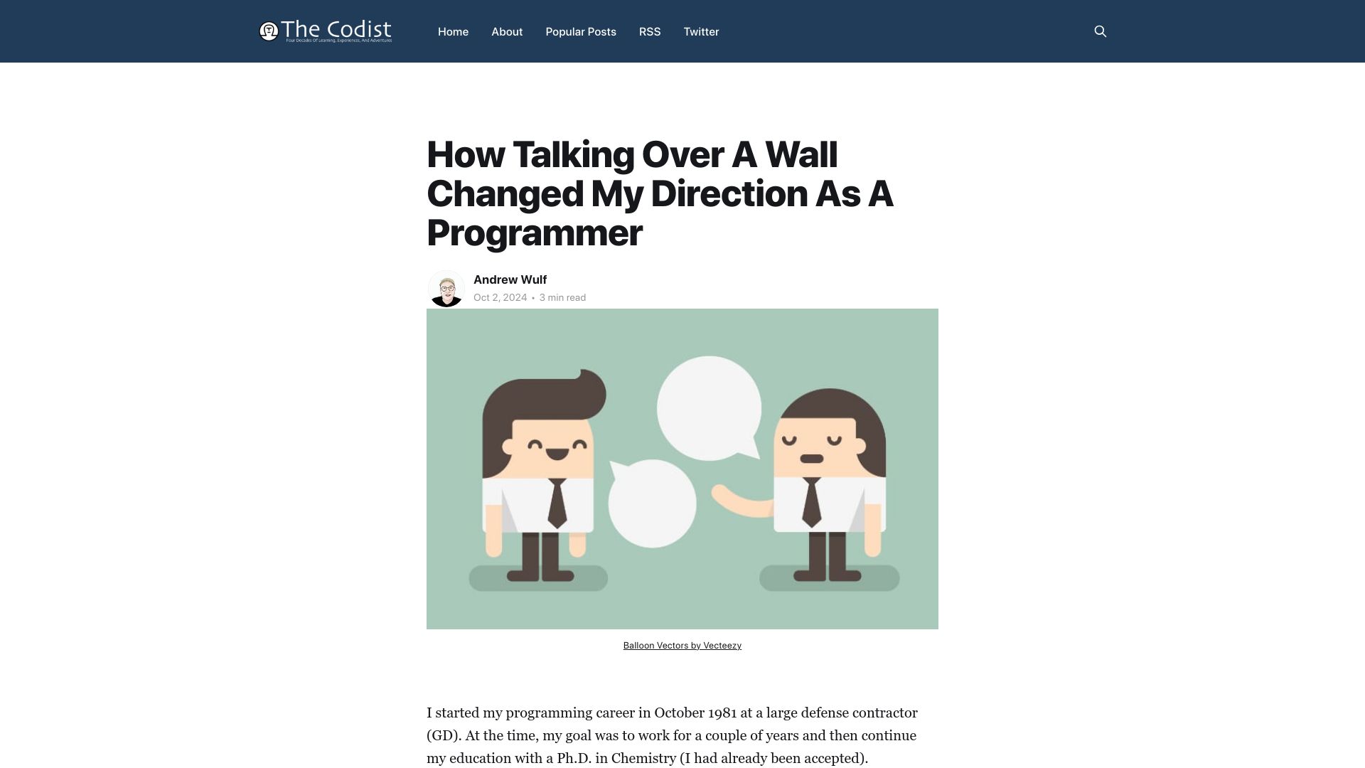 Screenshot of thecodist.com: Talking over a wall changed my direction as a programmer