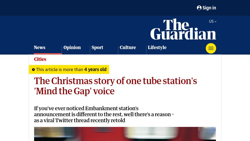 Screenshot of theguardian.com: The Christmas story of one tube station's 'Mind the Gap' voice (2019)