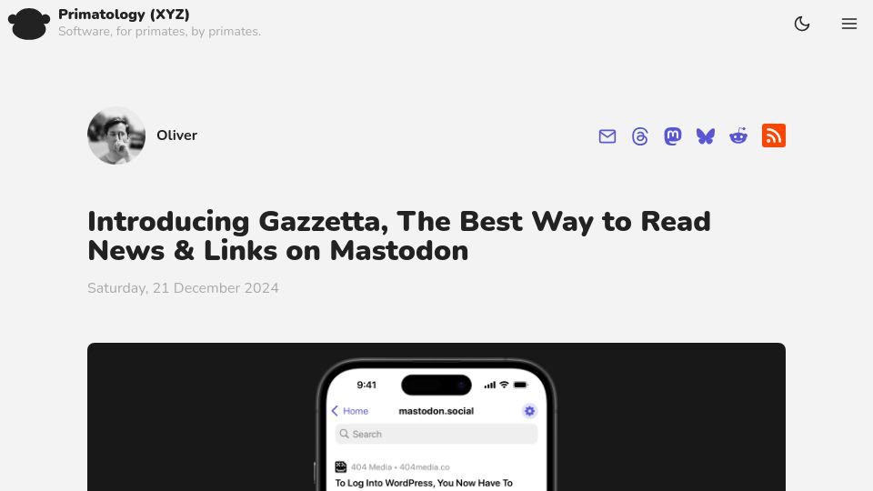 Screenshot of primatology.xyz: Gazzetta, an RSS Reader for Mastodon
