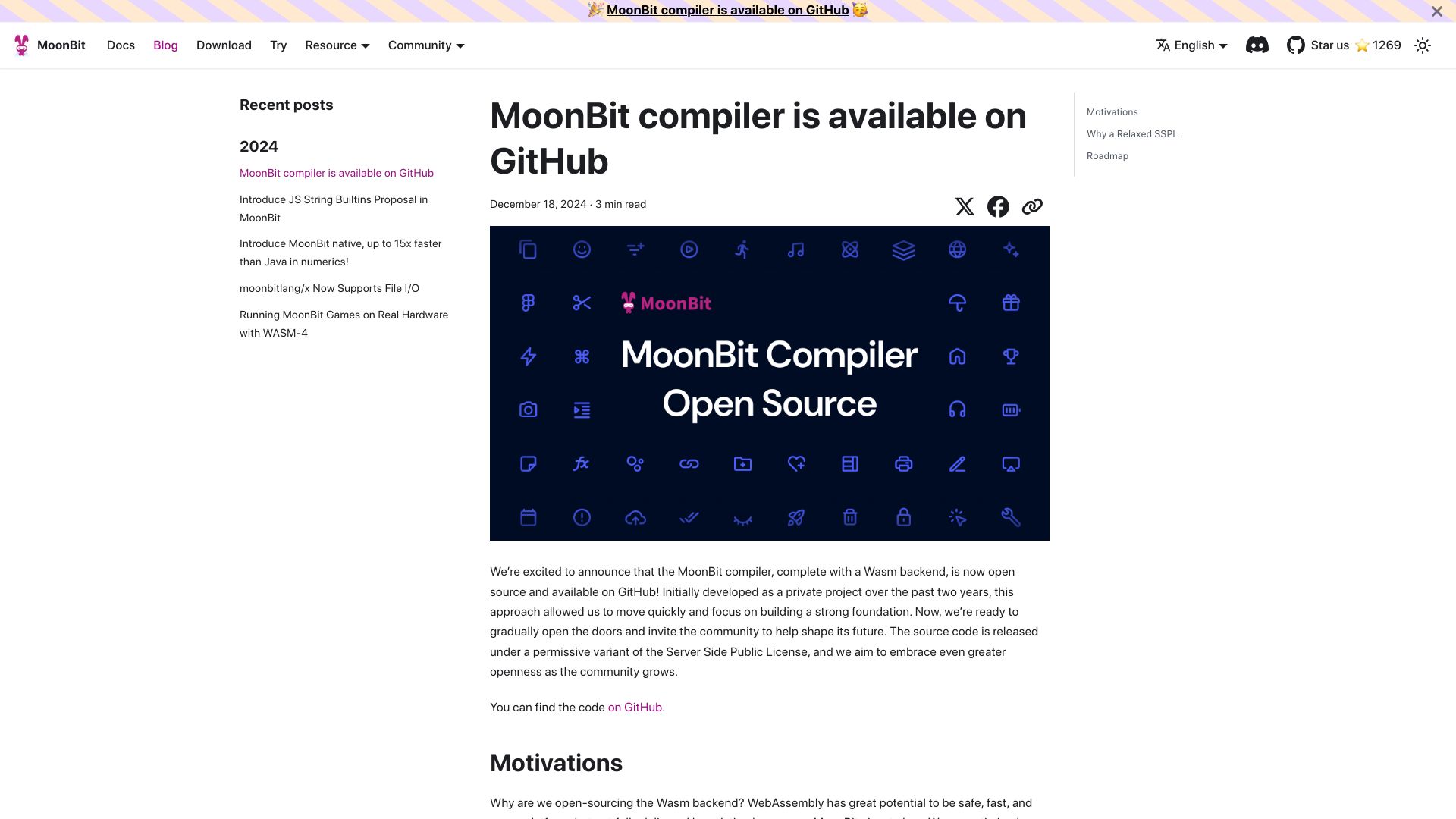 Screenshot of moonbitlang.com: MoonBit compiler is available on GitHub