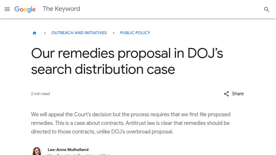 Screenshot of blog.google: Our remedies proposal in DOJ's search distribution case