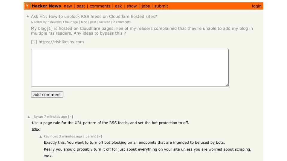 Screenshot of Hacker News post: Ask HN: How to unblock RSS feeds on Cloudflare hosted sites?