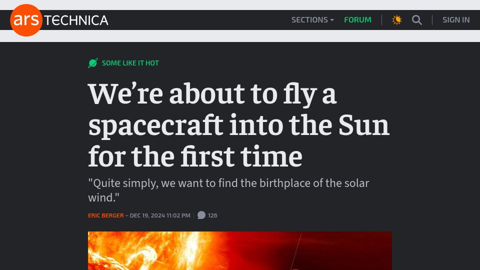 Screenshot of arstechnica.com: The Parker Solar Probe will make its closest approach yet to the Sun