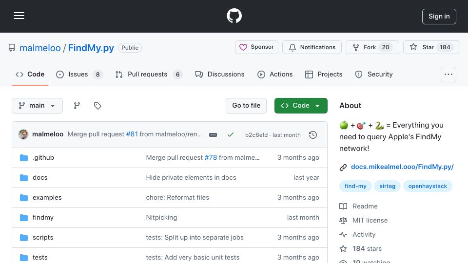 Screenshot of github.com: Query Apple's FindMy network with Python
