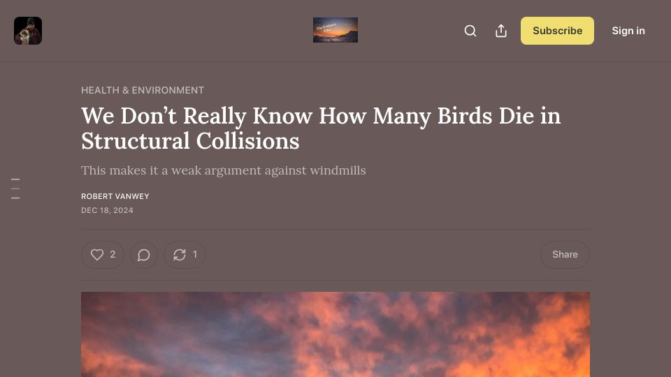 Screenshot of robertvanwey.substack.com: We don't know how many birds die in structural collisions