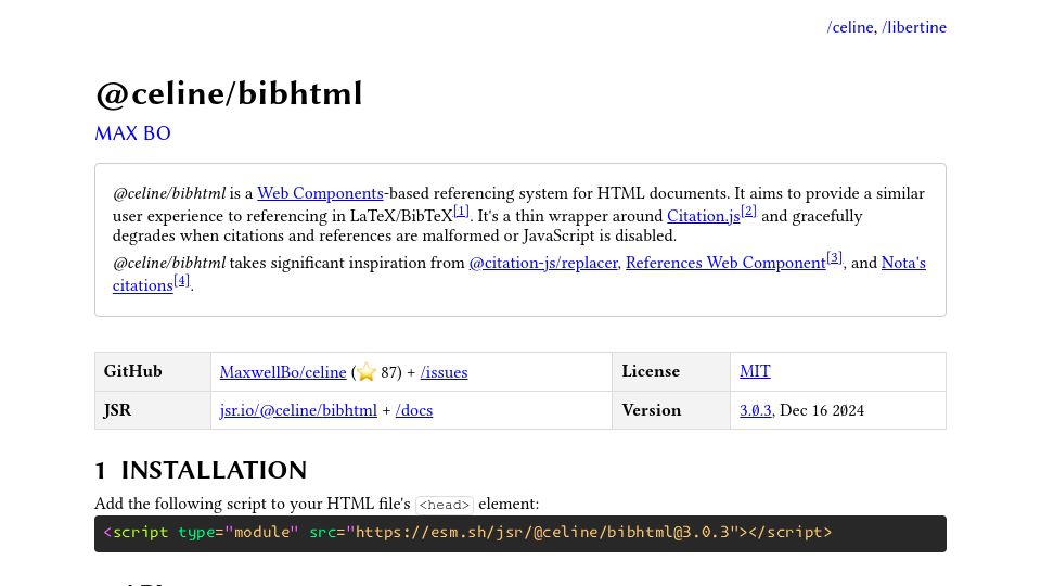 Screenshot of maxbo.me: Show HN: celine/bibhtml: a Web Components referencing system for HTML documents