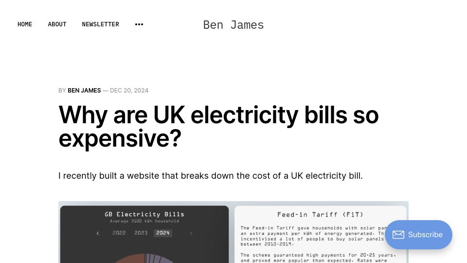 Screenshot of climate.benjames.io: Why are UK electricity bills so expensive?