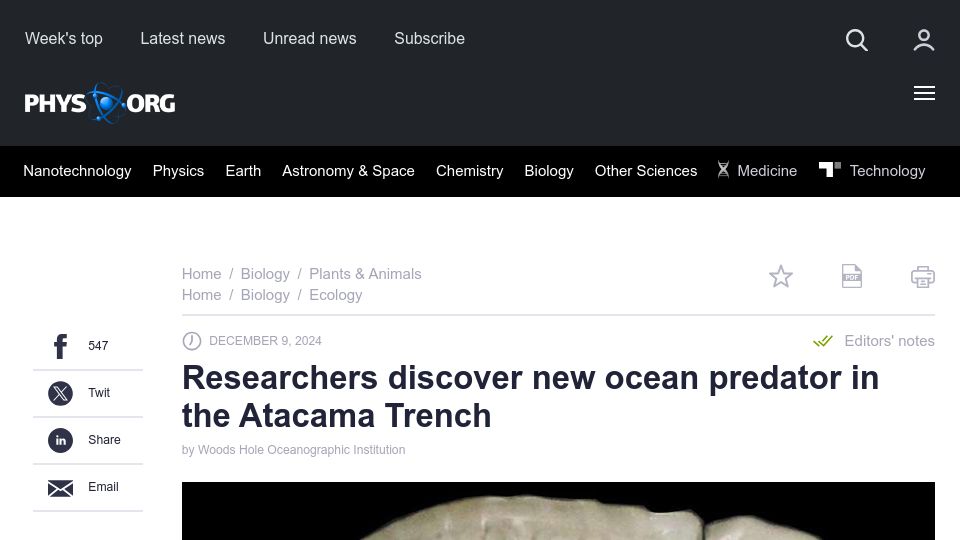 Screenshot of phys.org: Researchers discover new ocean predator in the Atacama Trench