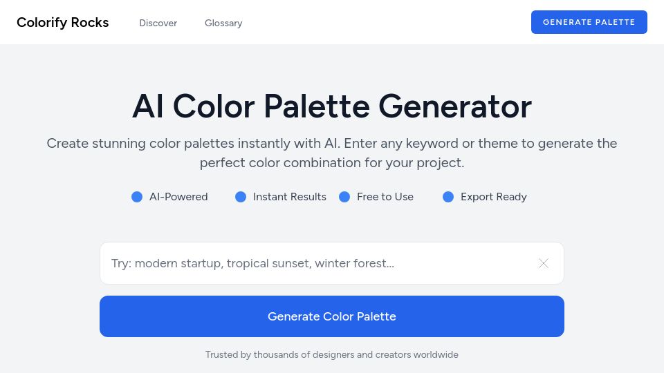 Screenshot of colorify.rocks: Generate Color Palettes from Text
