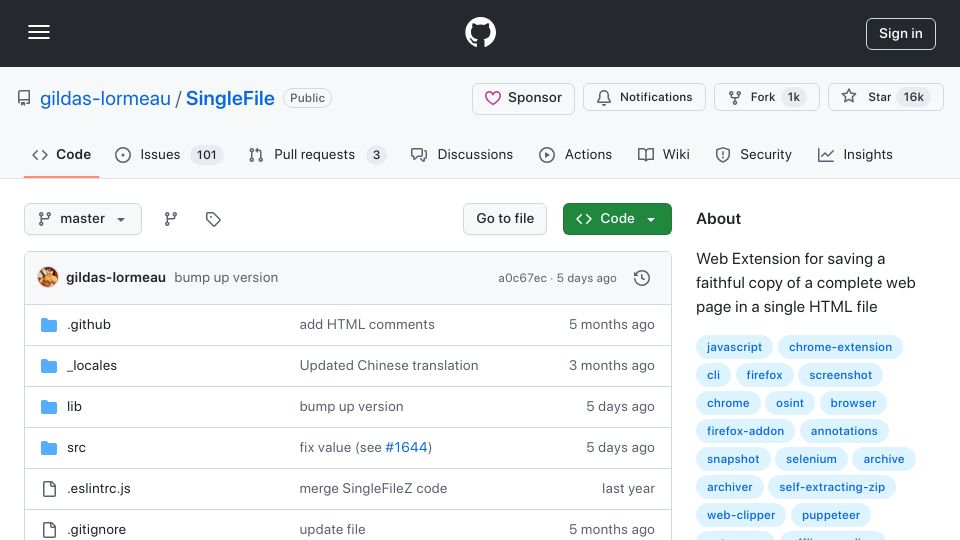 Screenshot of github.com: Singlefile: A web extension to save a complete web page into a single HTML file