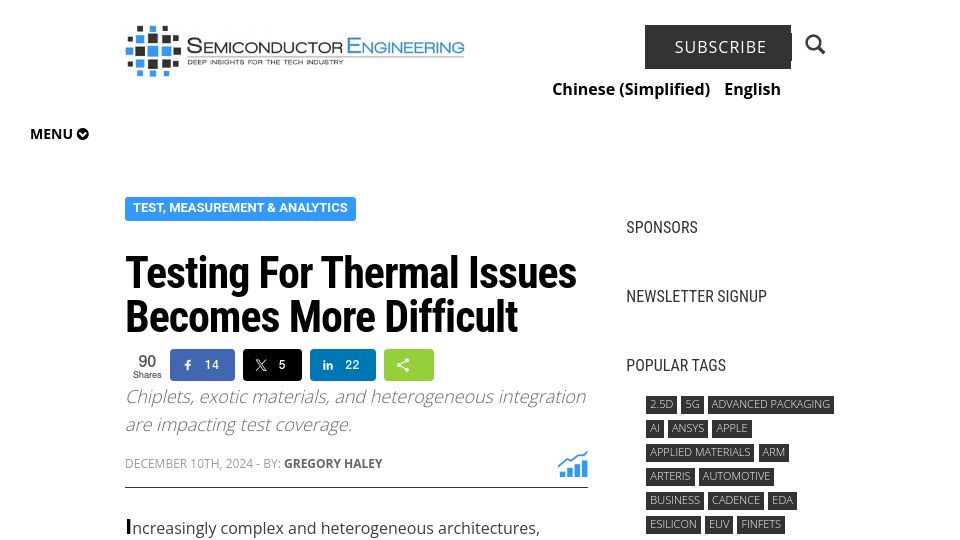 Screenshot of semiengineering.com: Testing for Thermal Issues Becomes More Difficult