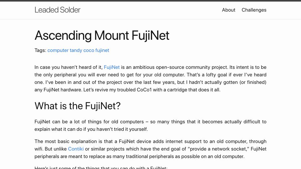 Screenshot of leadedsolder.com: Ascending Mount FujiNet