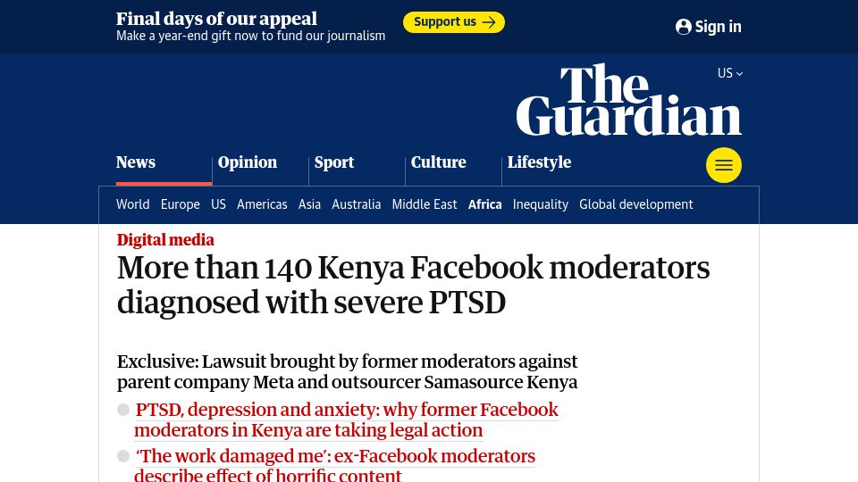 Screenshot of theguardian.com: More than 140 Kenya Facebook moderators sue after diagnoses of PTSD