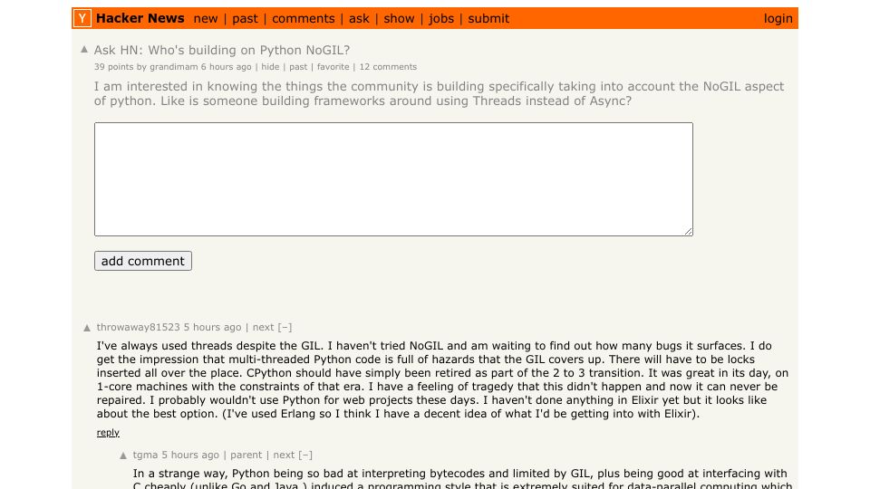 Screenshot of Hacker News post: Ask HN: Who's building on Python NoGIL?